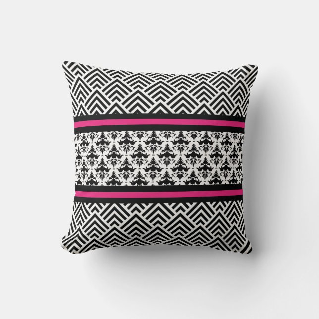 Eleganta shock rosa, modern svartvit sparre kudde (Framsida)