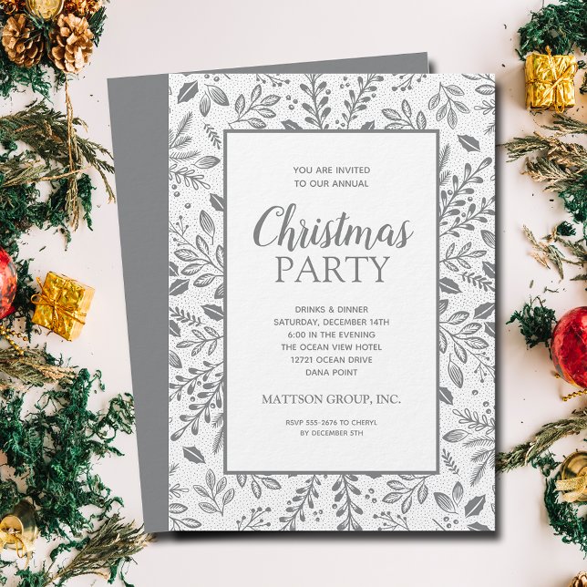 Eleganta Silver Botanicals Julfest Inbjudningar (Silver (non-metallic) botanicals Christmas party invitations, PRINTED and/or INSTANT DOWNLOAD)