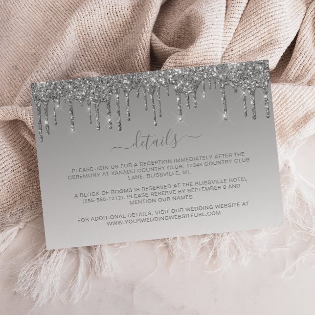 Eleganta Silver Droppande Glitter Bröllopsdetaljer Tilläggskort (Skapare uppladdad)