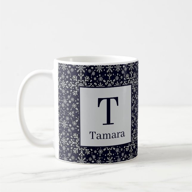 Eleganta silver och blå snöflingor personliga kaffemugg (Vänster)