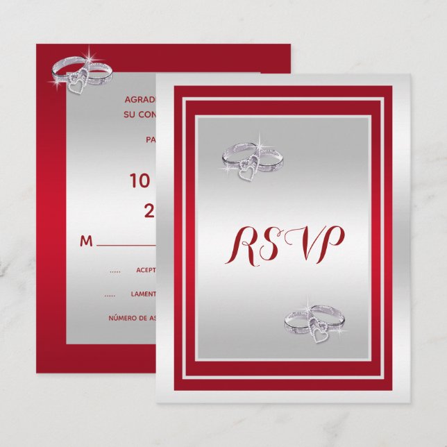 Eleganta Silver- och Röda Bröllopsringar OSA Kort (Fram/baksida)