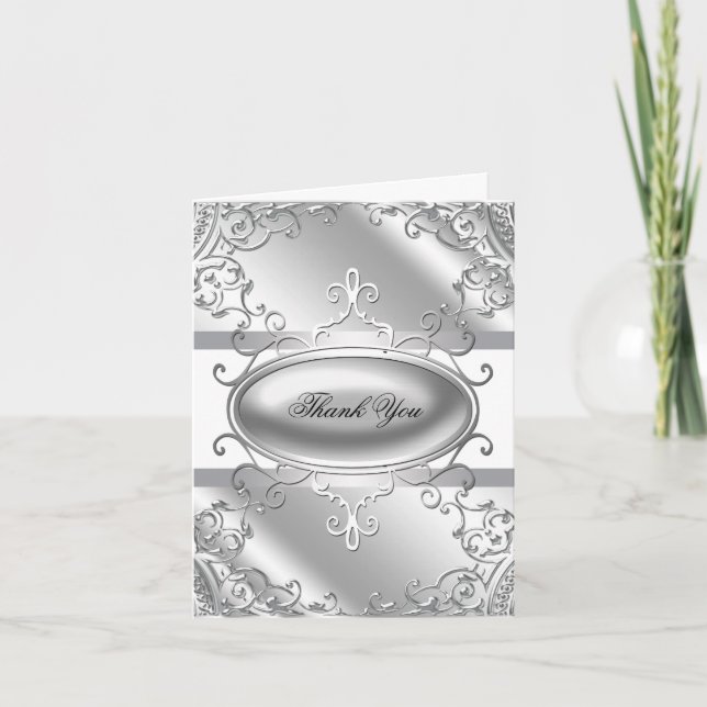 Eleganta silver- och vit tack-kort tack kort (Framsida)