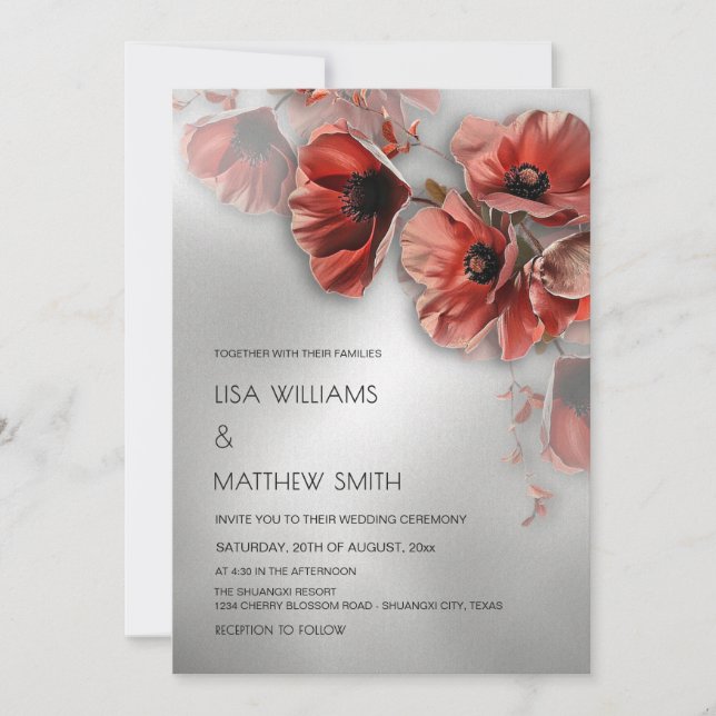 Eleganta silver röda blommor | Foto Bröllop Inbjudningar (Framsida)