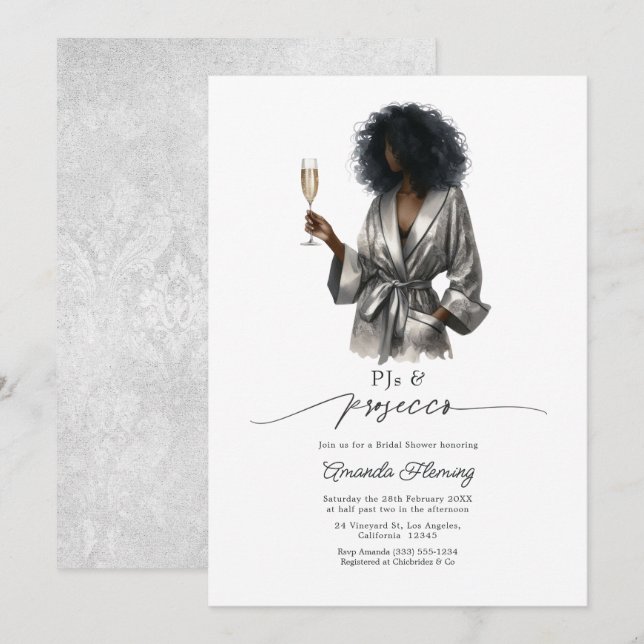 Eleganta silver satin Pyjamas & Prosecco Bröllopsd Inbjudningar (Fram/baksida)