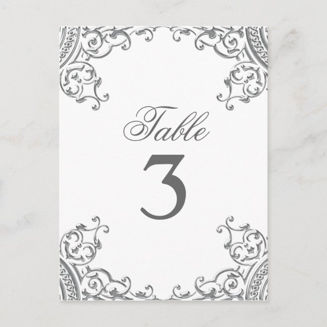 Eleganta silver vita bröllopsbordskort vykort (Framsida)