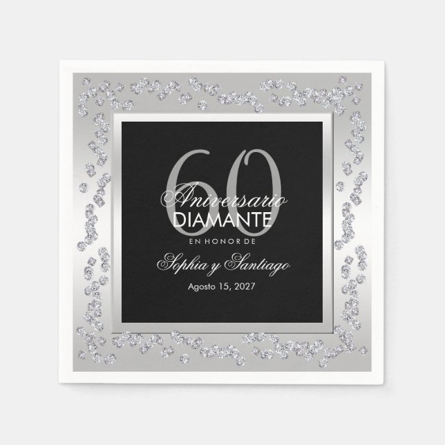 Eleganta silverdiamanter 60-års bröllopsdag pappersservett (Framsidan)