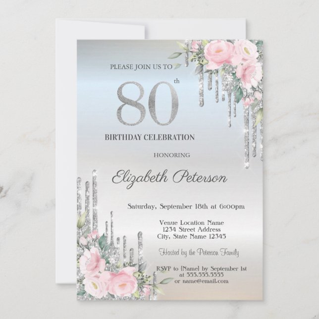Eleganta silverglittrande rosenfall 80-årsdag inbjudningar (Framsida)