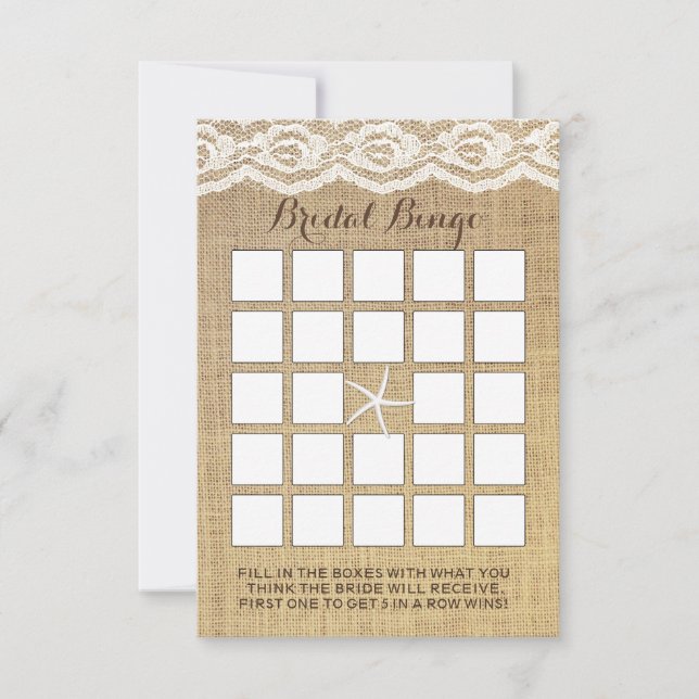 Eleganta sjöstjärna spets & burlap bröllop bingo k (Framsida)