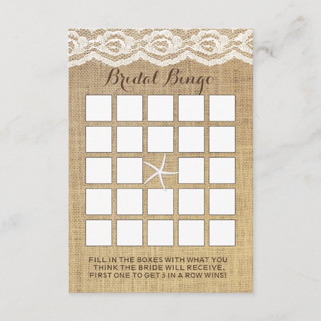 Eleganta sjöstjärna Spets & Jute Bröllop Bingo Kor (Framsida)