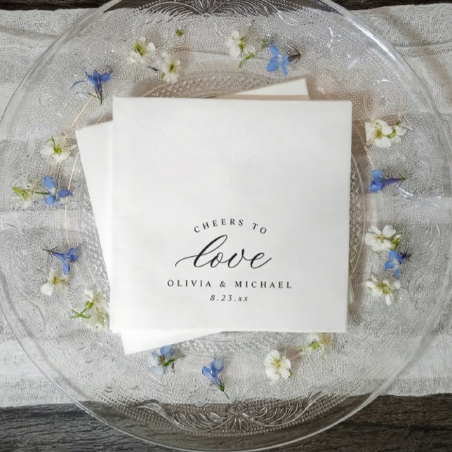 Eleganta skål för kärlek Gammaldags klassisk bröll Pappersservett (Black and white wedding cocktail napkins with cheers to love in elegant calligraphy)