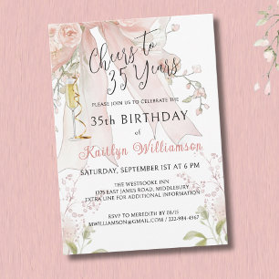 **Eleganta skål till 35 år Pink Bow Floral Inbjudningar