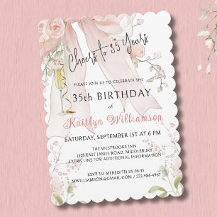 *Eleganta skål till 35 år Pink Bow Floral Inbjudningar