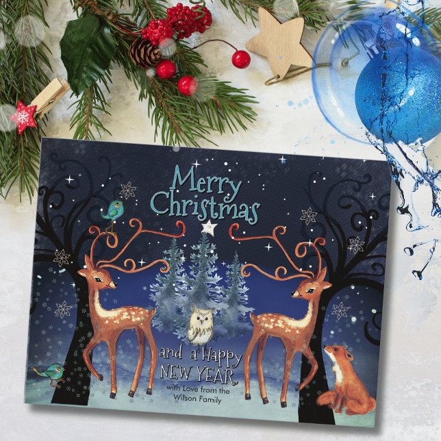 Eleganta skogs djur jul postkort | Hjort  Helg Vykort (Elegant Forest Animals Christmas Postcard  Deer )