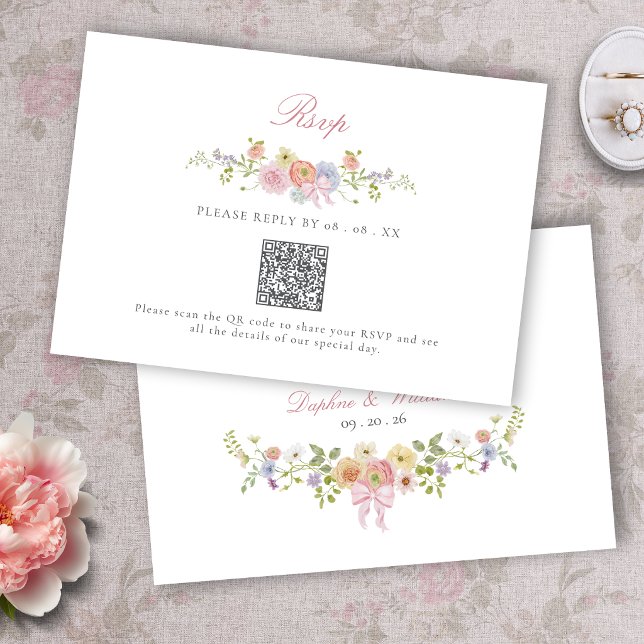 Eleganta slingor och vildblommor OSA kort (Monogrammed Bows and Wildflowers Victorian Wedding RSVP Card with QR Code
)