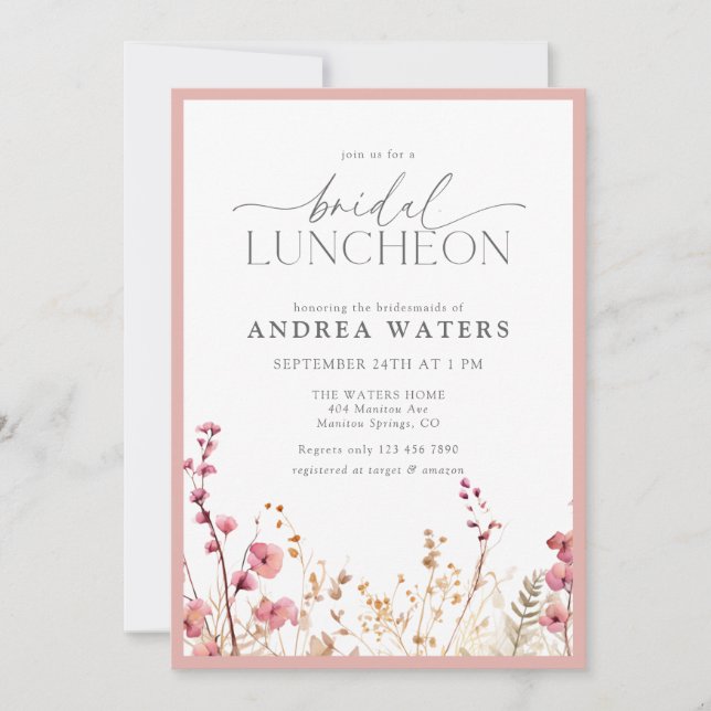 Eleganta Små Rosa Blommor Bröllops Luncheon Inbjud Inbjudningar (Framsida)