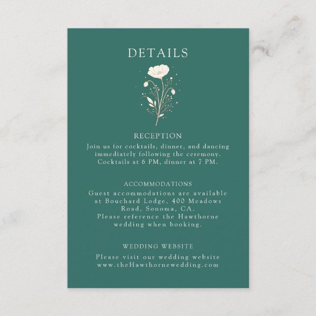 Eleganta smaragdgröna blommande bröllopsdetaljer  tilläggskort (Framsida)