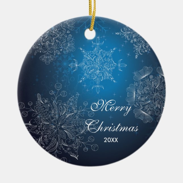 Eleganta snöflingor daterade God Jul Ornament (Framsidan)