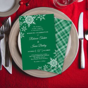 Eleganta snöflingor Plaid grön bröllopsinbjudan