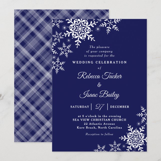 Eleganta snöflingor Plaid Navyblå Bröllop Inbjudningar (Fram/baksida)
