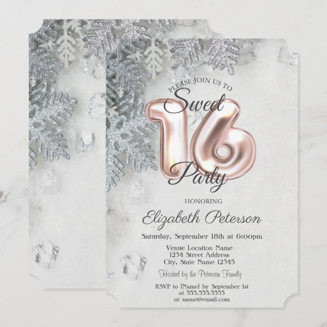 Eleganta Snöflingor Sweet 16 Inbjudningar (Fram/baksida)