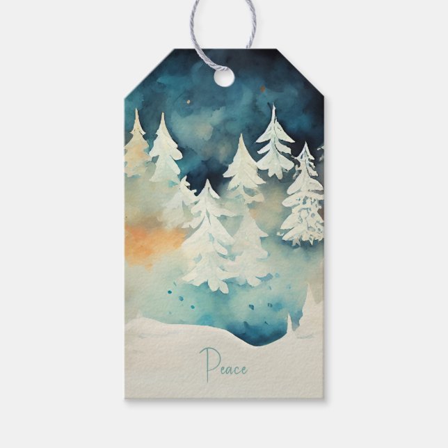 Eleganta snöiga vinterträd presentetikett (Framsidan)