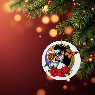 Eleganta sockerskallar Monark röda rosor Art Nouve Julgransprydnad Keramik