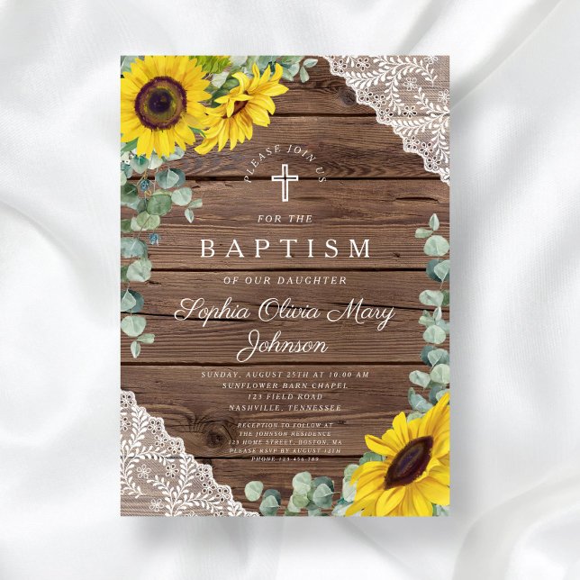 Eleganta solrosar spets träkors dop inbjudningar (Elegant Sunflowers Lace Wood Cross Baptism Invitation)
