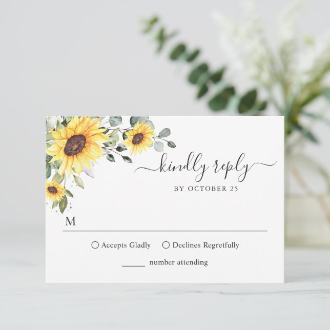 Eleganta solrosor Eucalyptus Blommig Bröllop RSVP  OSA Kort (Stående Fram)