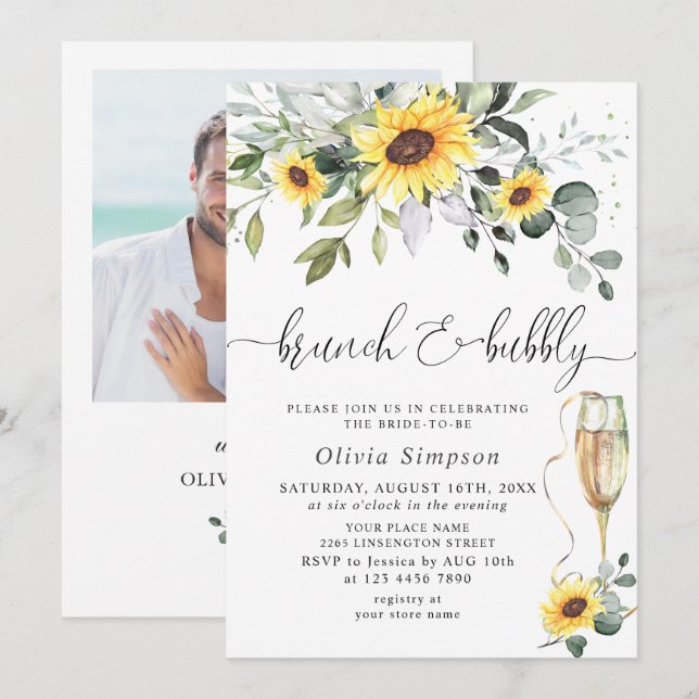 Eleganta Solrosor Eukalyptus Brunch & Bubbeldrycke Inbjudningar (Fram/baksida)