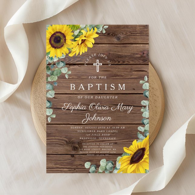 Eleganta solrosor Kors Dop  Inbjudningar (Elegant Sunflowers Cross Baptism Invitation)