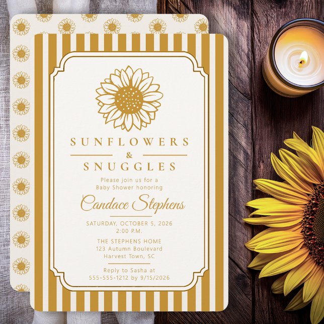 Eleganta solrosor & kramar Baby Shower Inbjudningar (Elegant sunflower baby shower invitation with timeless cream and golden striped design.)
