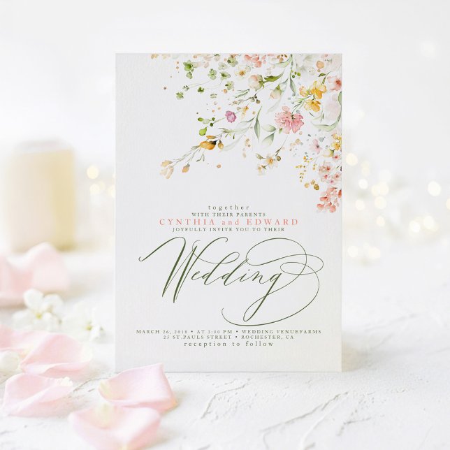 Eleganta sommarängs vilda blommor Boho bröllop Inbjudningar (Soft Wildflowers Wedding Invitations)