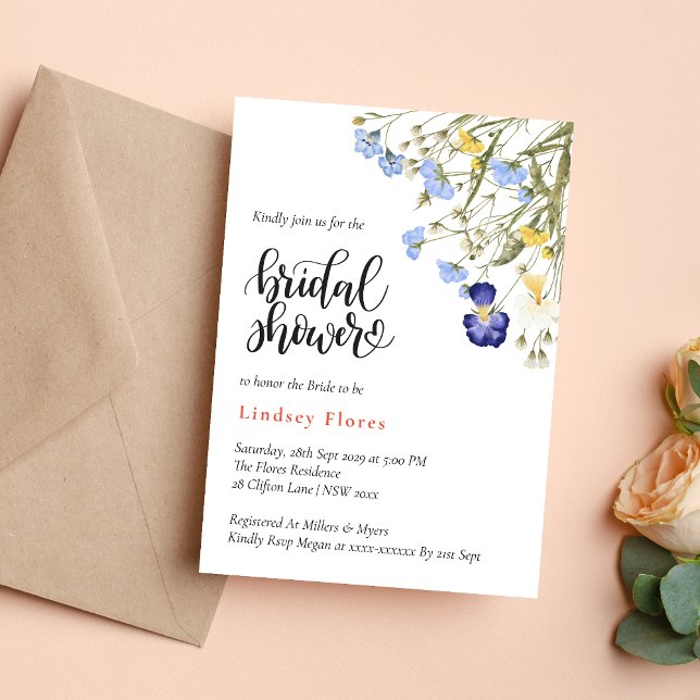 Eleganta sommarslättens vilda blommor bröllopsdusc inbjudningar (Elegant summer meadow wildflowers invitation creates a bright, romantic bridal shower tone)