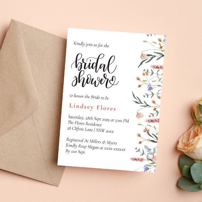 Eleganta sommarslättens vilda blommor bröllopsdusc inbjudningar (Elegant summer meadow wildflowers invitation creates a bright, romantic bridal shower tone)