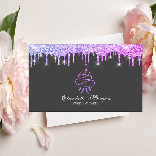 Eleganta söta glittercupcake lila dropar visitkort (Skapare uppladdad)