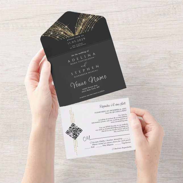Eleganta stjärnljus Svart & Guld QR-kod Bröllop (Tearaway)