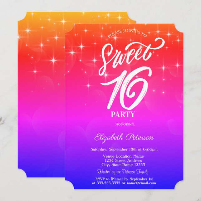 Eleganta stjärnor Ombre Sweet 16 Inbjudningar (Fram/baksida)