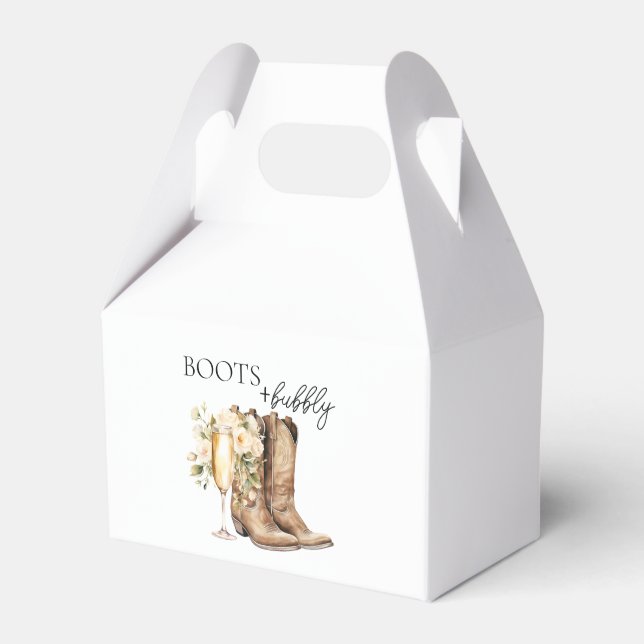 Eleganta stövlar och bubblig västerländsk bröllops presentaskar (Framsidan Sidan)