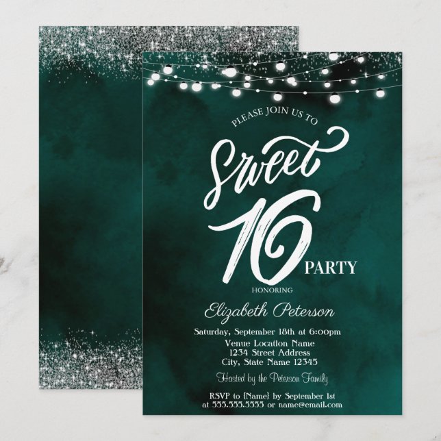 Eleganta strängljus Konfetti Grön Sweet 16 Inbjudningar (Fram/baksida)