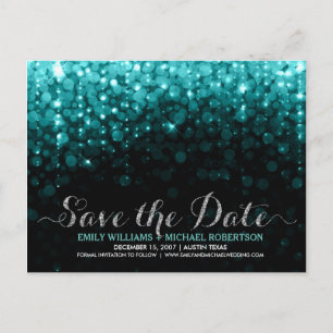 Eleganta strängljus turkos bokeh save the date meddelande vykort