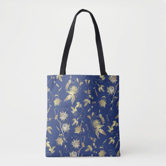 Eleganta Stylfulla Guld Blommor på Kunglig Blå Tygkasse (Framsida)