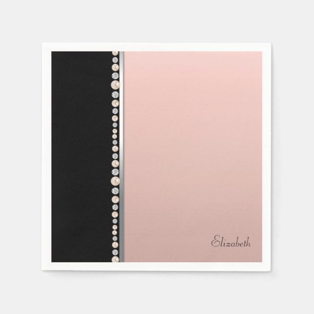 Eleganta Stylfulla Pärlor Diamanter Svart Rosa Pappersservett (Framsidan)
