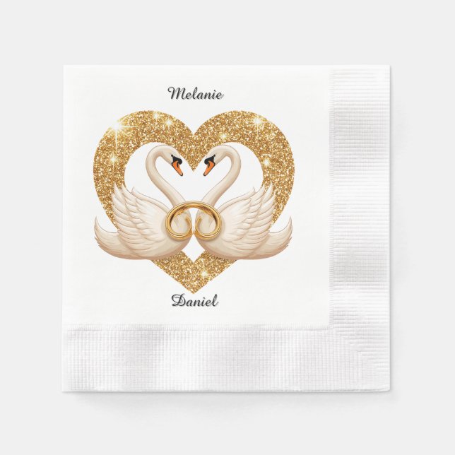 Eleganta svanar med gyllene ringar pappersservett (Framsidan)