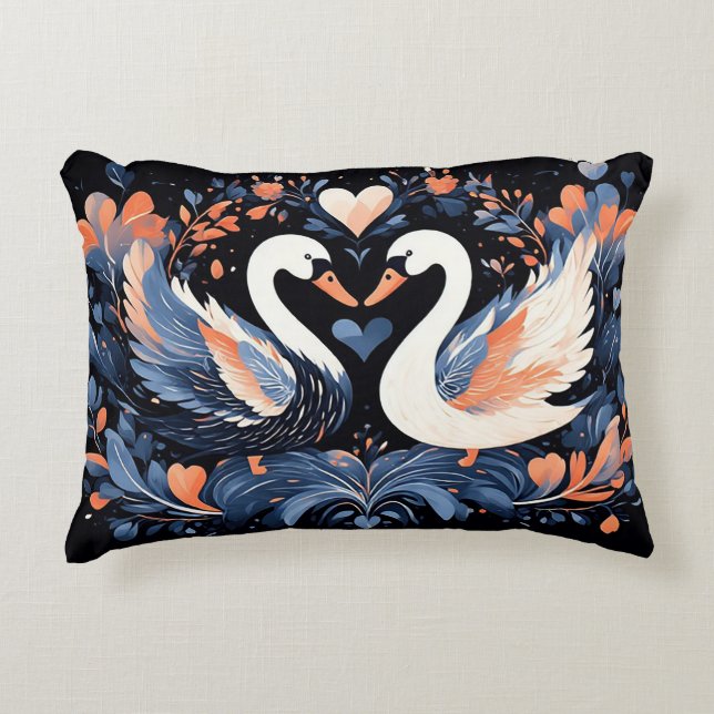 Eleganta svanar vid utsmyckade blommönster prydnadskudde (Framsidan)