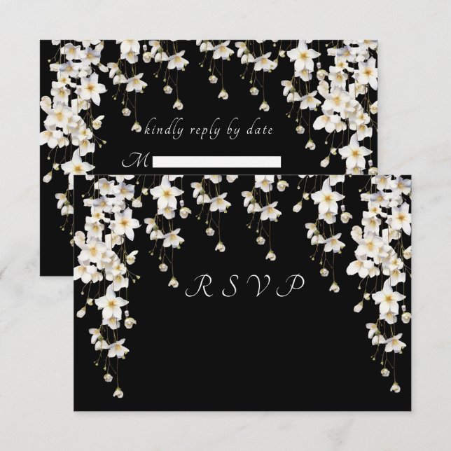 Eleganta svart & vit akvarellblommor OSA kort (Fram/baksida)