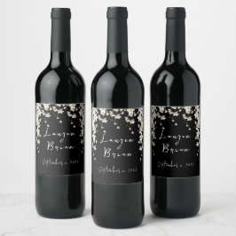 Eleganta svart & vit akvarellblommor vinflaska etikett