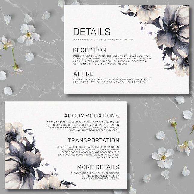 Eleganta svart vita blommande bröllopsdetaljer tilläggskort (Modern Boho Floral Black White Wedding Details Enclosure Card)
