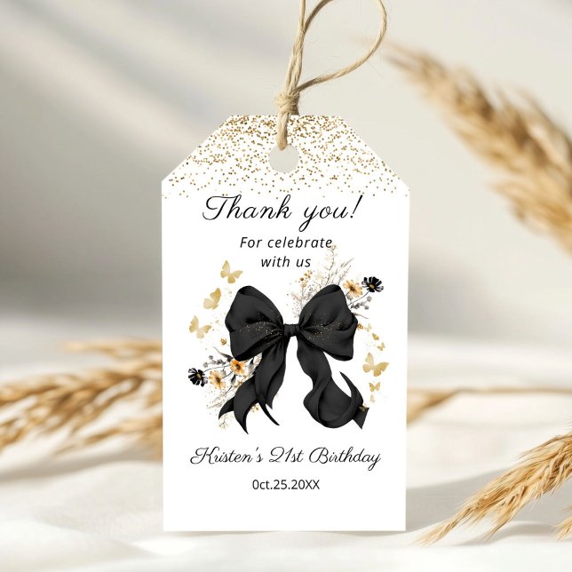 Eleganta svarta båge vilda blommor Tack Presentetikett (Balck bow coquette Birthday Thank you gift tag)