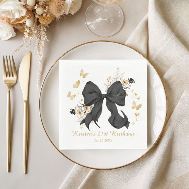 Eleganta svarta band Coquette vilda blommor Pappersservett (Elegant Black Gold Coquette Bow Napkins)