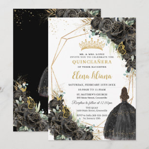 Eleganta svarta blommande rosor guld Quinceanera S Inbjudningar